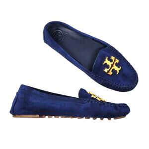 Tory Burch Everly Driver Loafers Nat Suede Royal Navy Rolled Brass 83642 Size 6